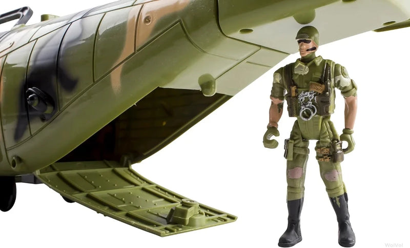 Military airplane toy with open cargo hatch and action figure soldier - detailed army airplane for imaginative military play