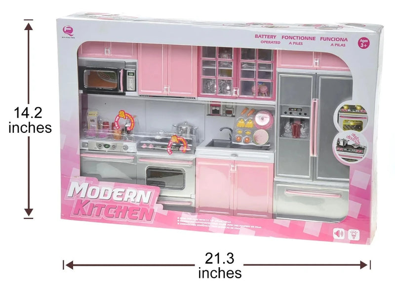Toy modern kitchen set in packaging, with dimensions shown for size reference.