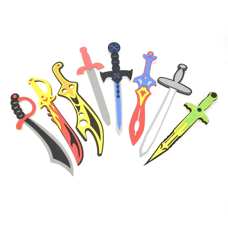 A variety of toy ninja swords in bright colors, ideal for kids' role-play adventures and imaginative play