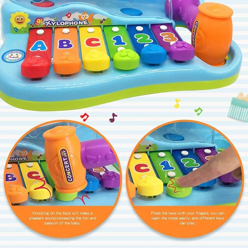 Close-up of toy xylophone piano buttons, promoting hand-eye coordination and note learning