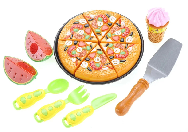 Toy pizza set with sliceable pizza, watermelon slices, ice cream cone, and utensils for kids' play food kitche