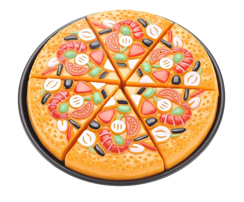 Top view of a toy pizza with colorful toppings, perfect for kids' pretend play kitchen sets.