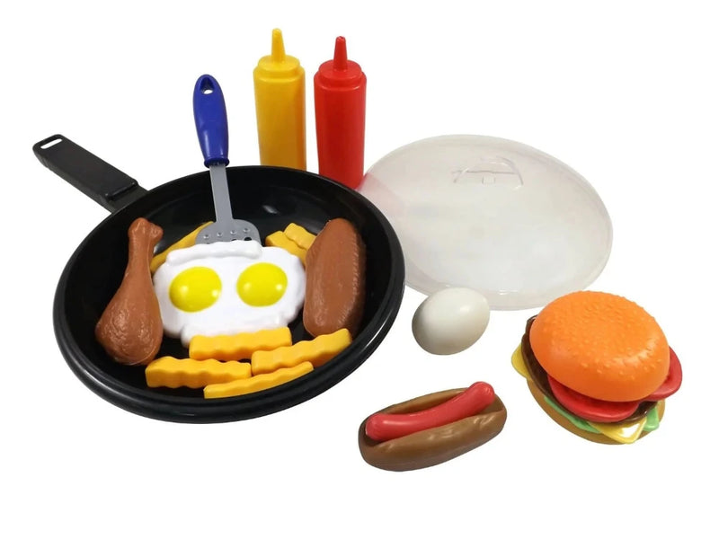 Complete toy play food set for children's kitchen play, with plastic eggs, cheese slice, lettuce, chicken, and cooking utensils