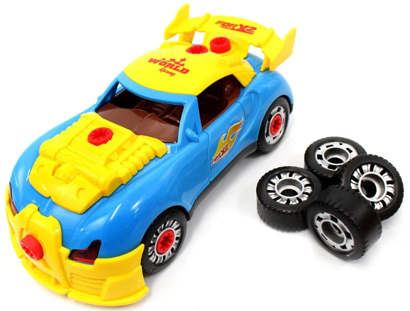 Toy race car modification set with replaceable parts, perfect for enhancing toy race car customization on a car race track.