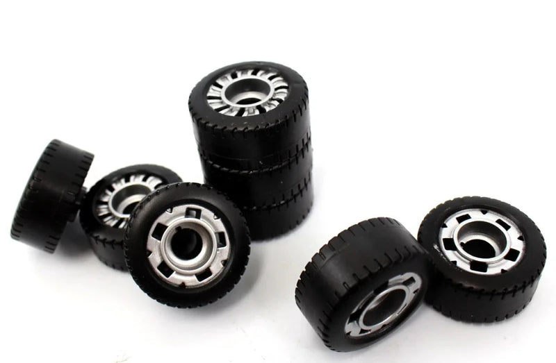Set of black tires for race car toy, perfect for creating realistic toy car race track setups