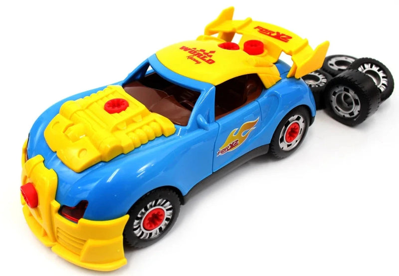 Toy race car with extra tires, featuring vibrant yellow and blue colors, ideal for kids' race car toys collection
