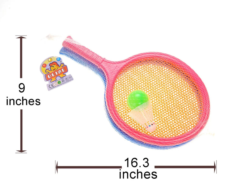 Dimensions of toy racket set showing 9 inches by 16.3 inches, including shuttlecock and ball