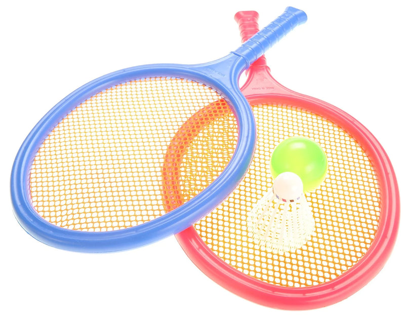 Toy racket set with two rackets, shuttlecock, and green ball for kids' outdoor play