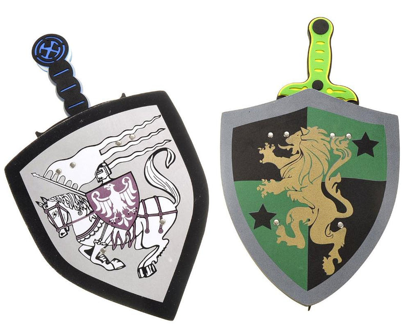 Set of foam toy shields with knight emblems and matching swords, perfect for safe, imaginative play
