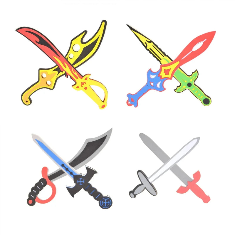 Crossed toy swords from a sword and shield playset, perfect for kids' ninja and knight role-playing activities.