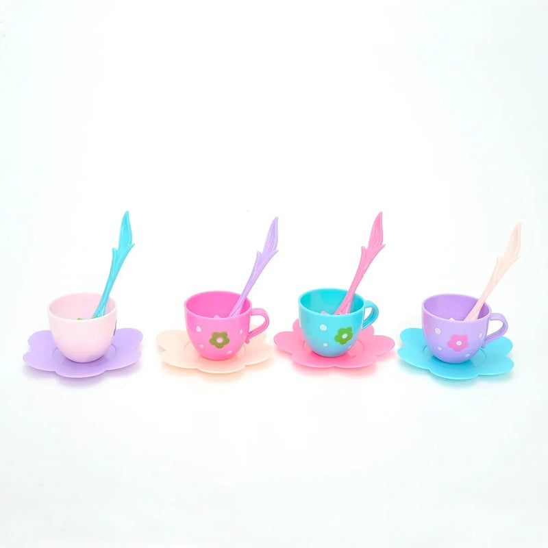 Toy tea cups set with four colorful flower-themed cups and saucers for toddler tea party fun.