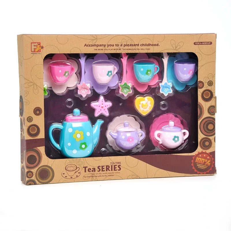 Toy tea party set in box with colorful cups, teapot, and utensils for toddler pretend play