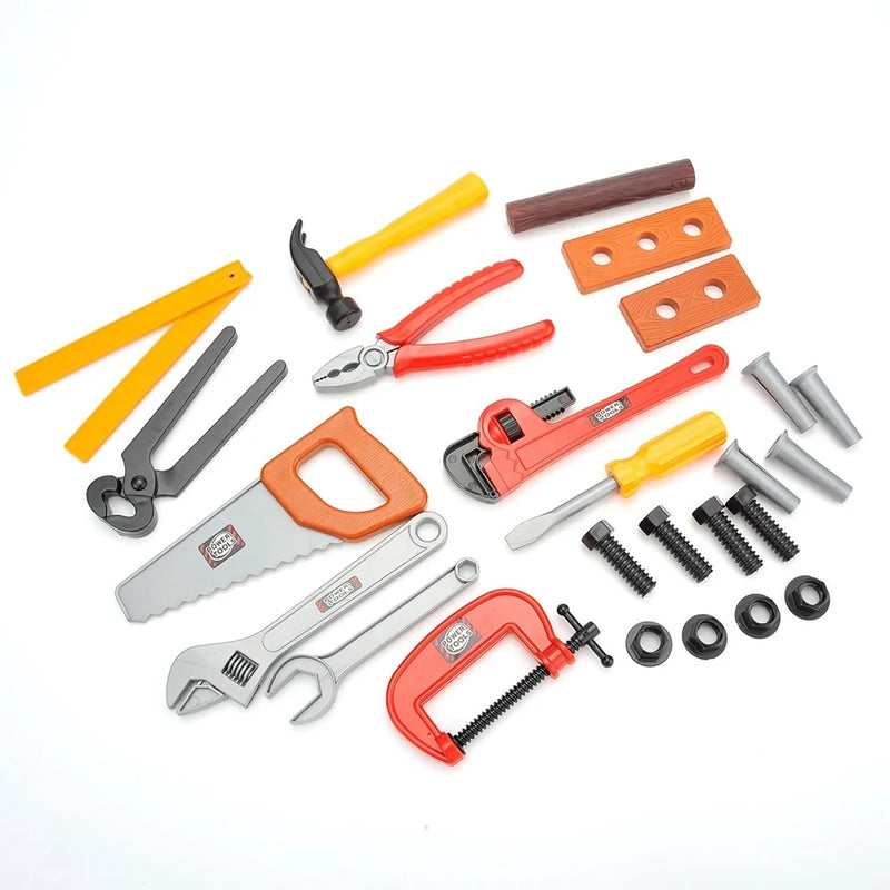 Collection of toy tools from a tool box playset, featuring a hammer, pliers, wrench, and bolts for creative play