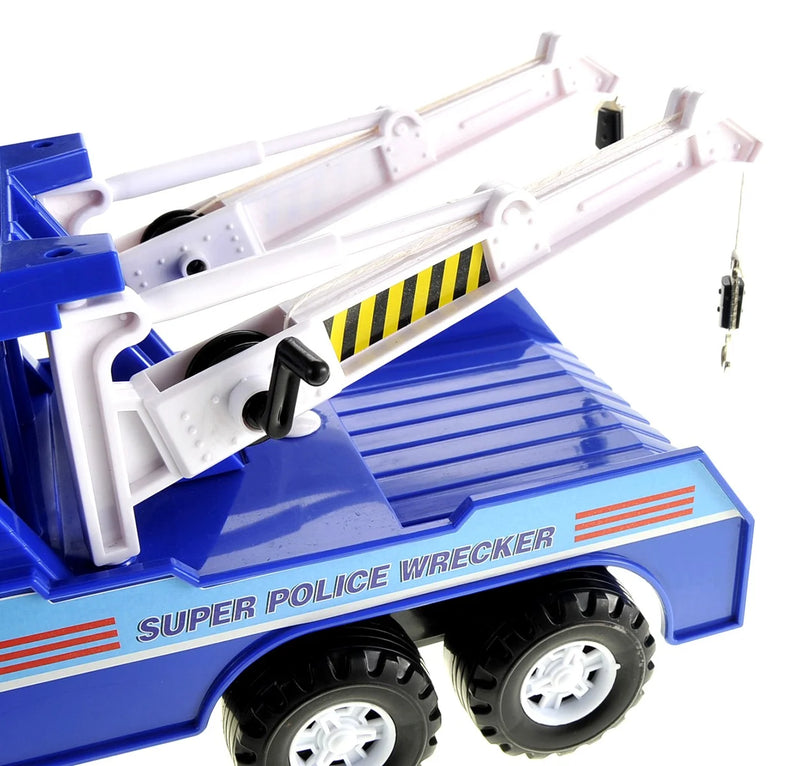 "Close-up of toy tow truck's hooks and crank, allowing realistic towing action for kids' playtime