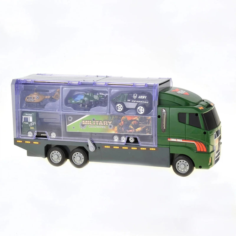 Side view of toy transport truck showing car carrier compartments filled with small toy cars.