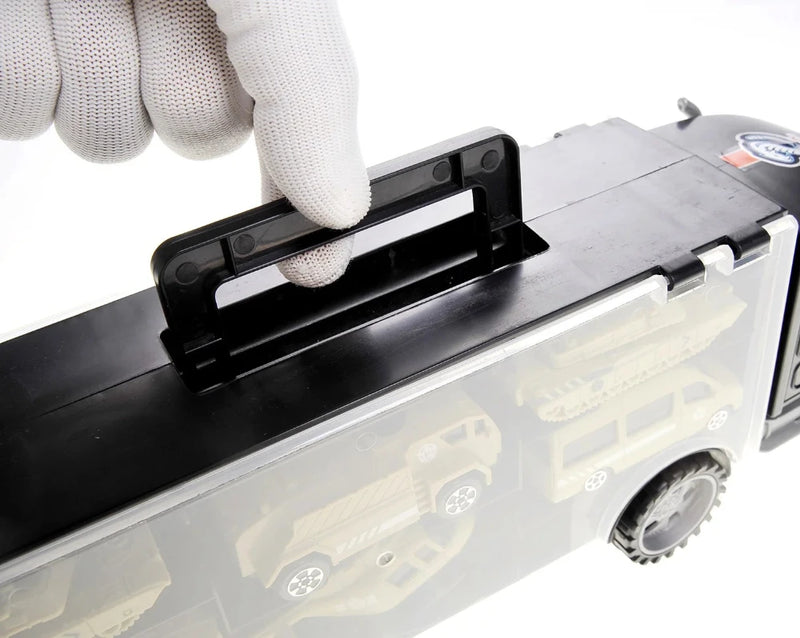 Close-up of toy transporter truck handle, showing easy-to-carry design for kids