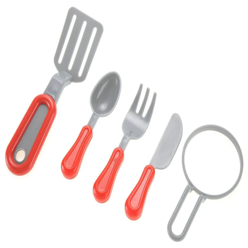 Set of toy utensils including spatula, spoon, fork, and knife for kids' breakfast stove playset