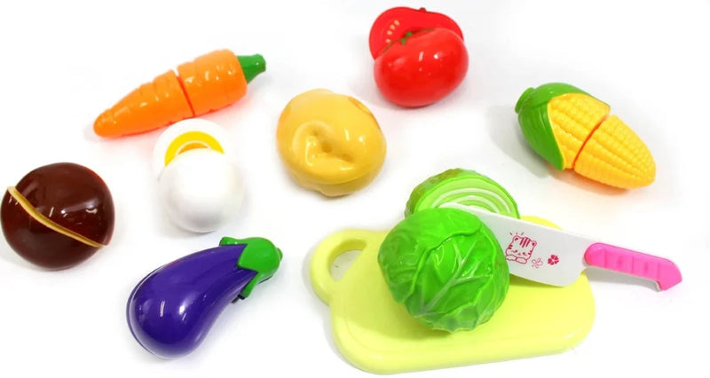 Assorted toy vegetable and fruit pieces for kids with cutting board and knife – carrot, eggplant, corn, cabbage, and more