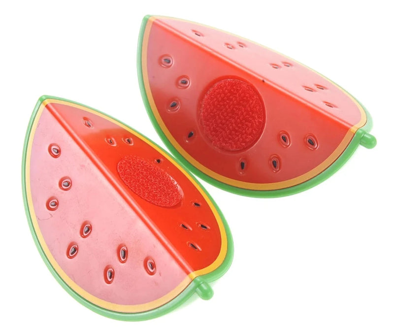 Toy watermelon slices with realistic details for kids' play food sets.