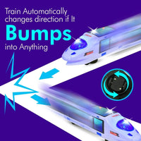 Electric train toy that automatically changes direction upon impact with flashing lights