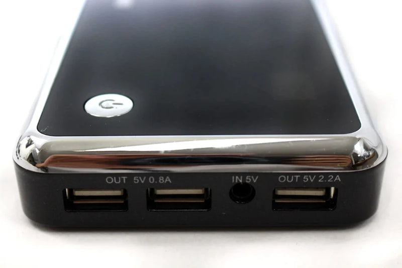 Close-up view of the TRC Power Bank's USB ports and input connections for convenient device charging