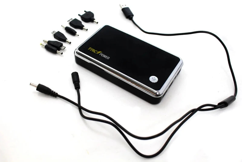 TRC Power Bank shown with multiple adapter connectors and charging cables, ideal for charging various devices.