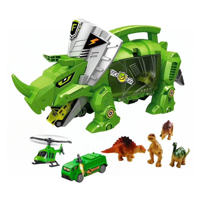 Triceratops Dinosaur Carrier Set featuring toy cars, dinosaur figures, and helicopter - perfect toy set for kids.