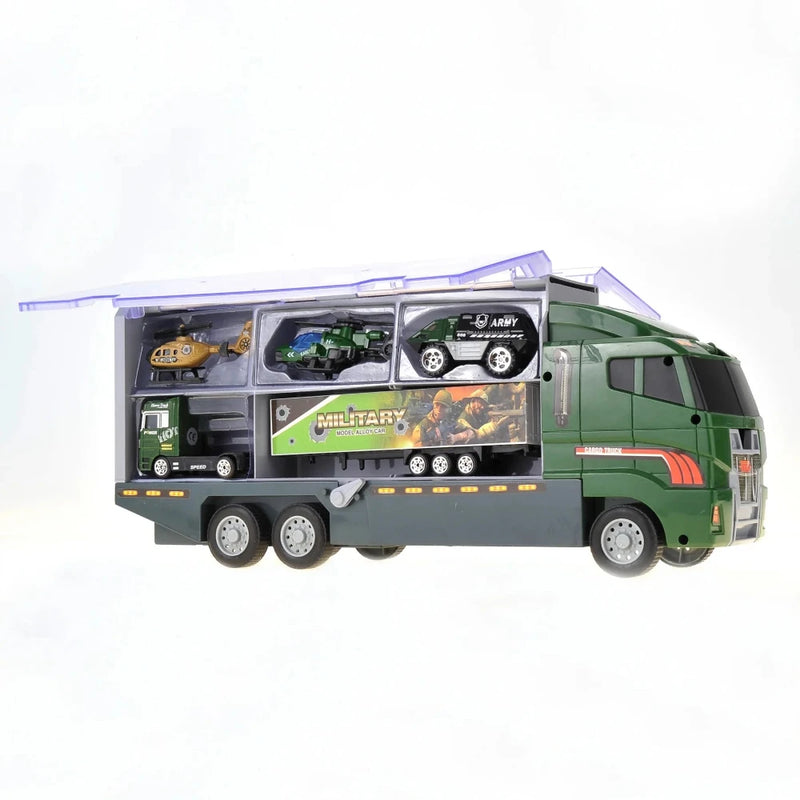 Truck carrier toy with open compartments for easy access to toy cars inside.