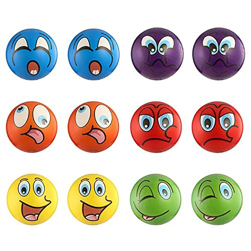 Pack of twelve emoji stress balls with mixed expressions, providing playful stress relief options.