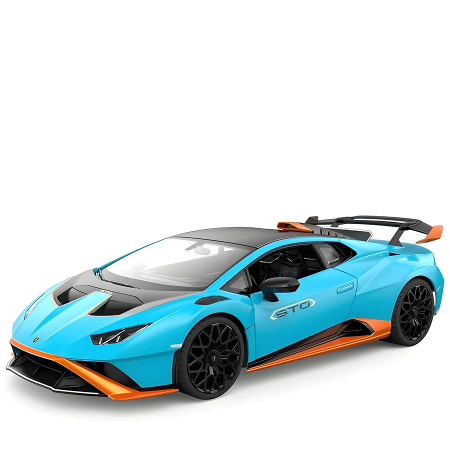 Blue and orange sports car model on a white background