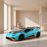 Blue and orange sports car model on a white background
