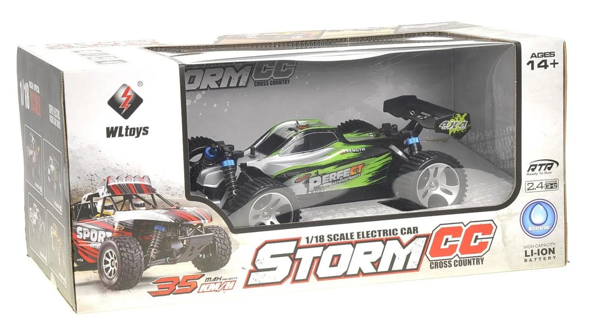 Boxed WL Toys Storm CC remote control car with branding and specifications.