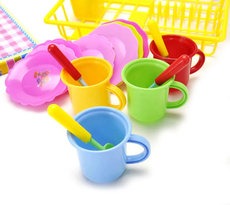 Vibrant collection of cups, dishes, and cutlery in a kids' playset, perfect for creative kitchen roleplay