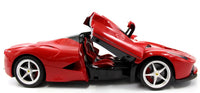 Red toy car with open doors on a white background