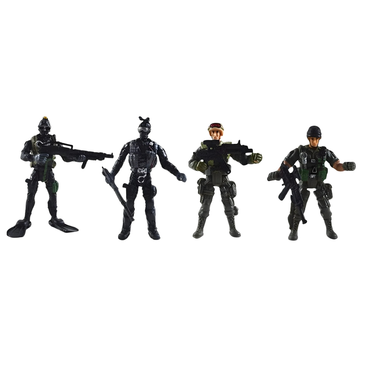 Four action figures in tactical gear on a white background