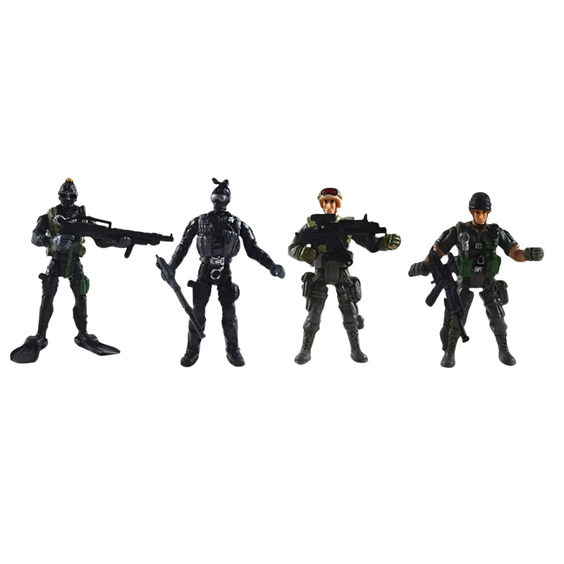 Four action figures in tactical gear on a white background