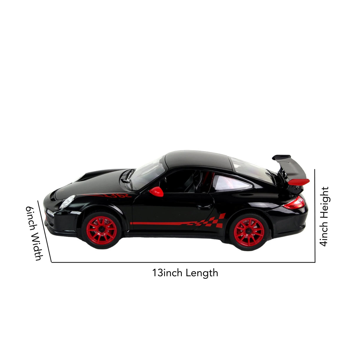 Black toy car with red accents and measurements on a white background
