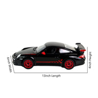Black toy car with red accents and measurements on a white background