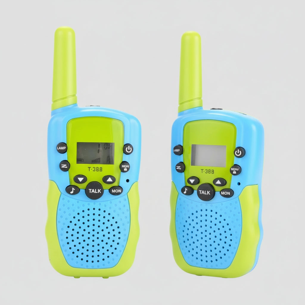 Front view of blue and green walkie talkie for kids - ideal walkie talkie toy for fun communication and outdoor play.