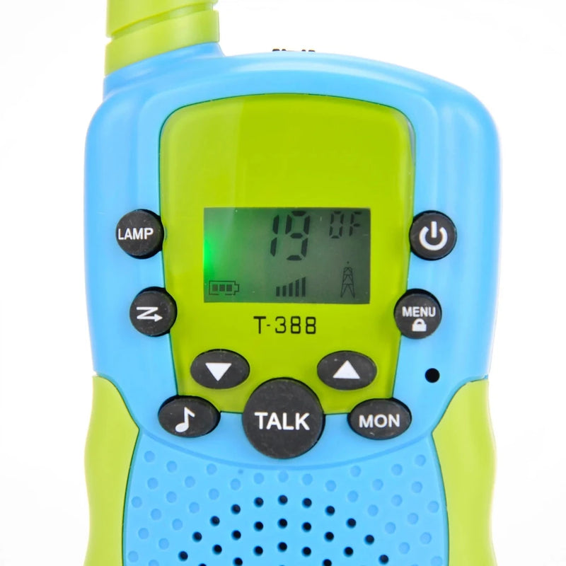Detailed view of toy walkie talkie’s digital display, showing channel information and signal strength for clear communication