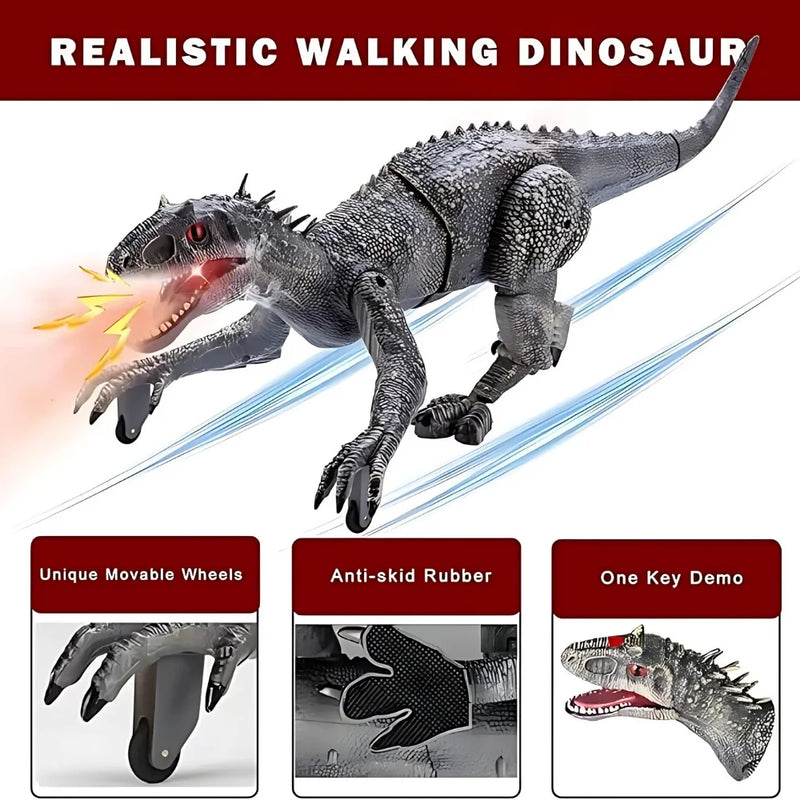 Walking dinosaur toy with unique movable wheels, anti-skid rubber, and one-key demo feature