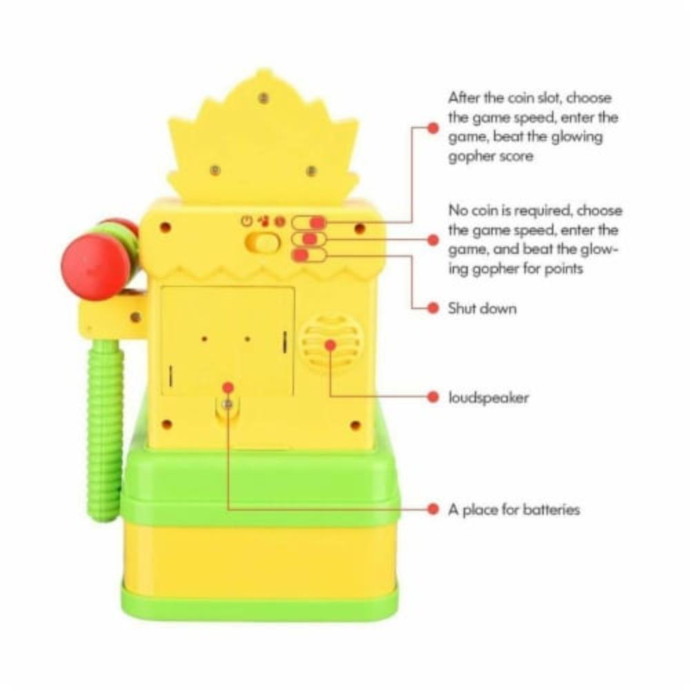 Back view of Whac-a-Mole game showing coin slot, volume control, battery slot, and speaker for added features