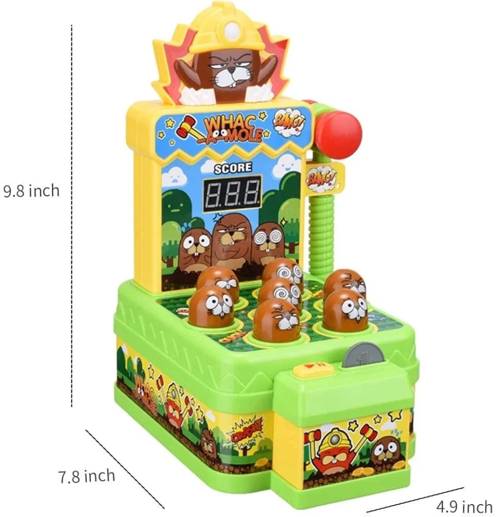 Whac-a-Mole game dimensions 9.8 inches tall, 7.8 inches wide, and 4.9 inches deep - compact and fun for kids