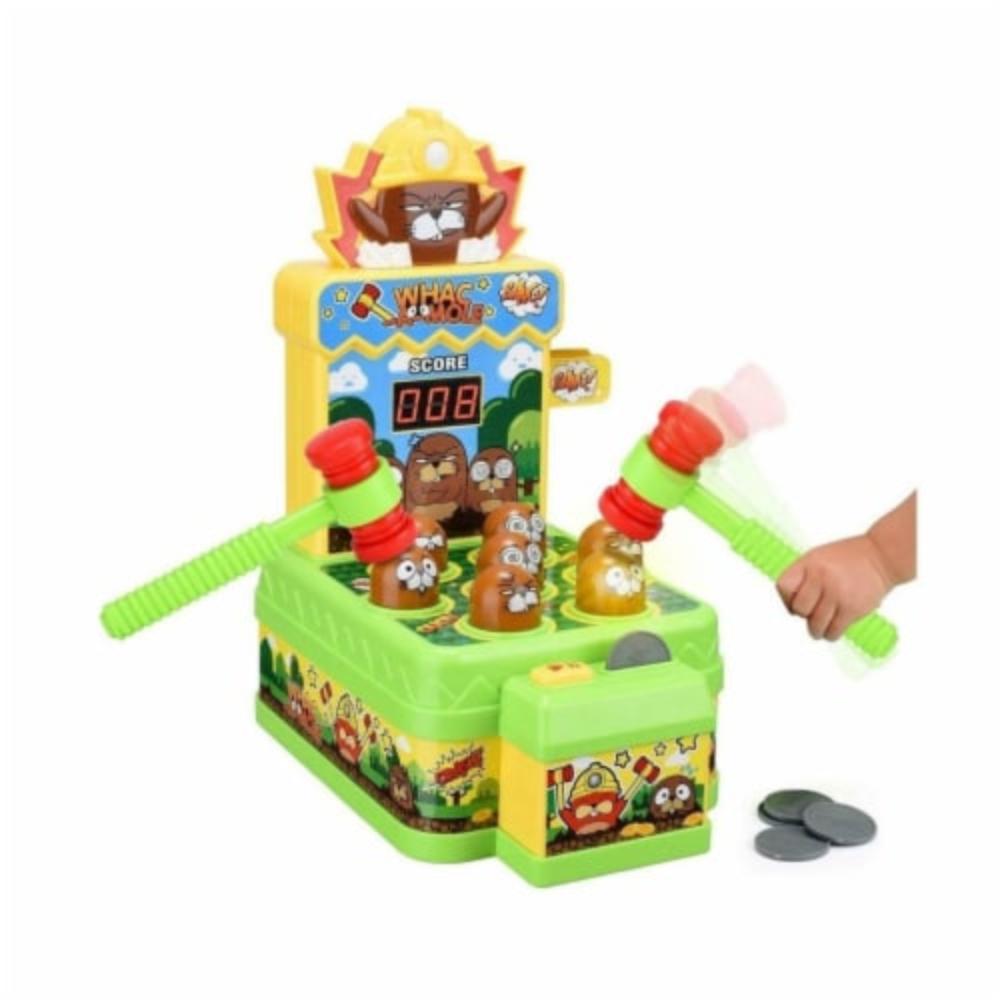 Whac-a-Mole game with interactive hammer action, allowing kids to hit gophers and improve their score