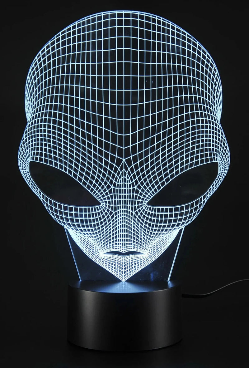 White alien head 3D LED lamp featuring grid pattern, futuristic lighting option for home or office decor