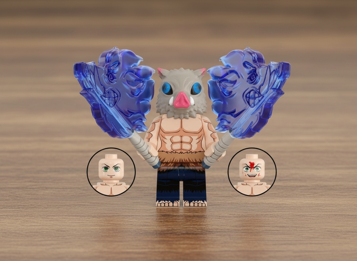 Inosuke Boar Mask Swordsman Custom Minifig | Anime Warrior Collectible with Base Plate