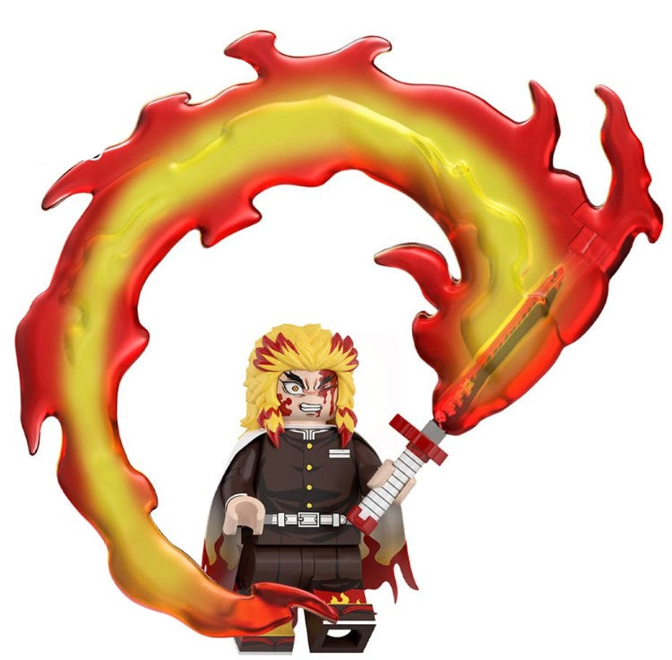 Toy figure with fiery aura and weapons on a white background