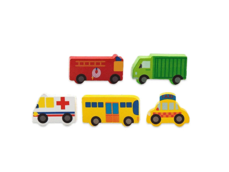 Set of toy vehicles including a bus, ambulance, taxi, fire truck, and garbage truck from the wooden building blocks collection