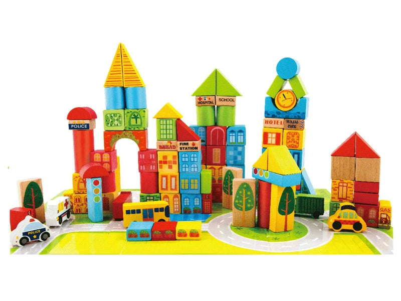 Colorful wooden building blocks arranged as a miniature city with buildings, cars, and roads, ideal for children's creative play
