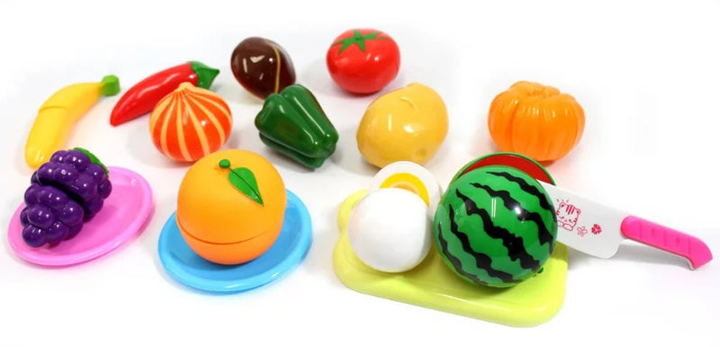 Wooden play food cutting fruit set featuring colorful fruits like banana, grapes, and orange, perfect for kids' kitchen and cooking role play